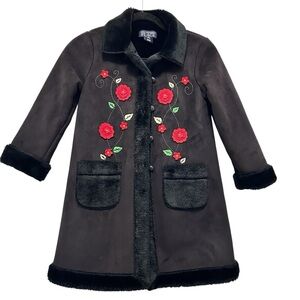Children’s Place Girls Black Faux Fur Floral Embroidered Coat SZ 7/8